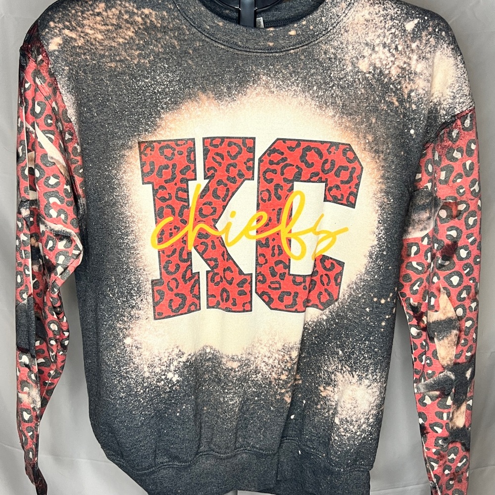 Upcycled Kansas City Chiefs Bleached Gray Sweatshirt | Red & Black Leopard
